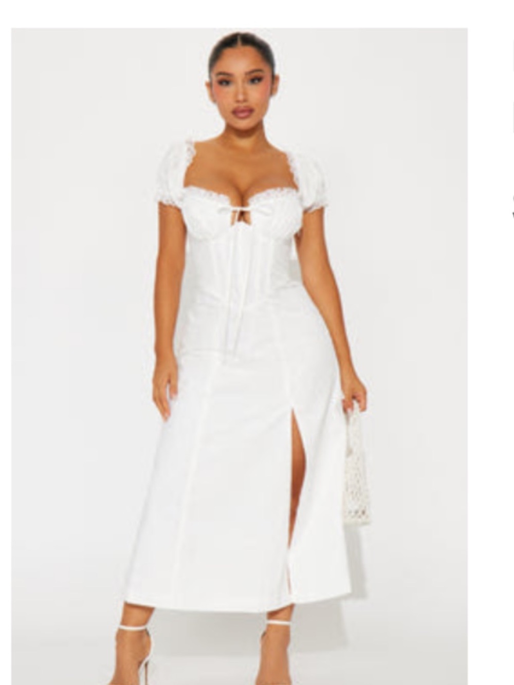 Fashion Nova White Puff Sleeve Midi Dress with Front Slit and Tie Detail